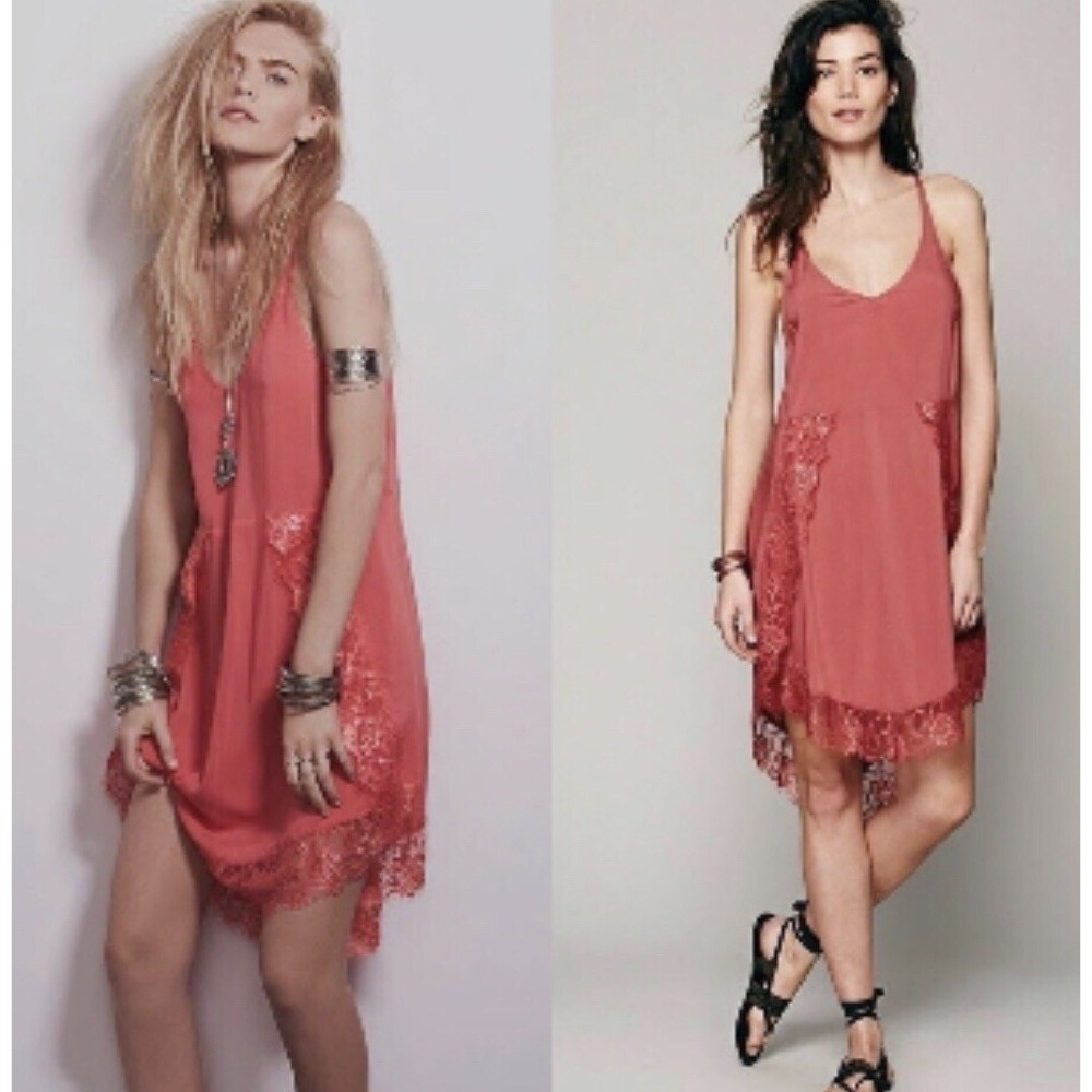 Free People Intimately Eyelashes Lace Mini‎ Slip Dress S Red Coral Boho Festival